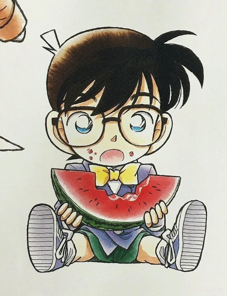 Ảnh conan chibi cute đeo nơ đỏ cười rạng rỡ