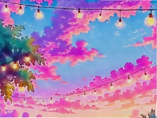 Bầu trời đêm anime lung linh với đèn dây và mây trắng