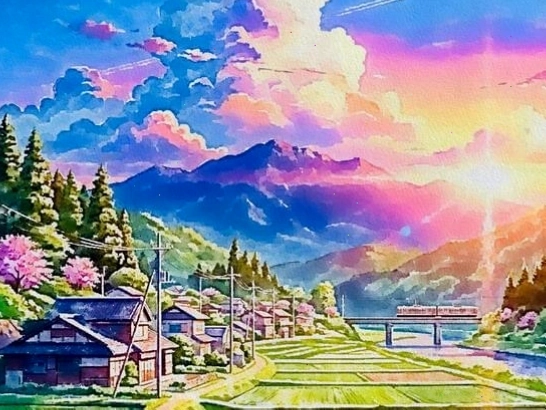 Cảnh làng quê yên bình dưới ánh hoàng hôn theo phong cách anime