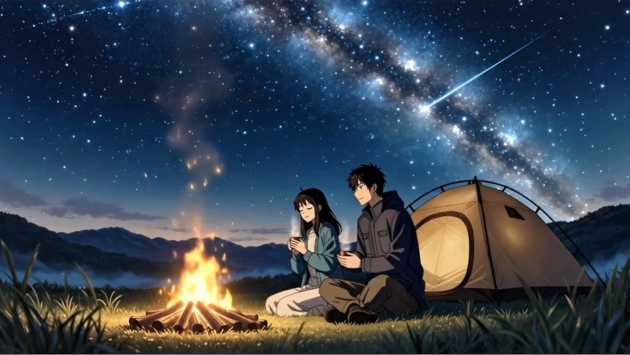 Cặp đôi ngồi cạnh lửa trại trong không gian anime