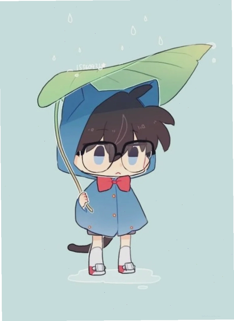 Conan chibi nhìn với ánh mắt tò mò