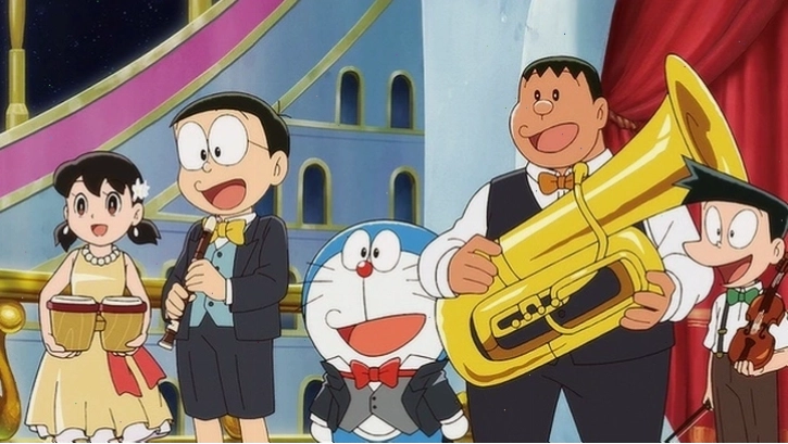 Dàn nhạc của Doraemon: Shizuka chơi bộ gõ, Nobita chơi kèn, Jaian chơi tuba và Suneo chơi violin