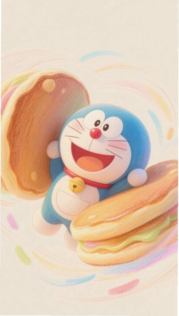 Doraemon chibi đang ăn bánh rán
