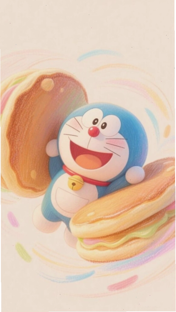 Doraemon chibi đang ăn bánh rán ngon lành