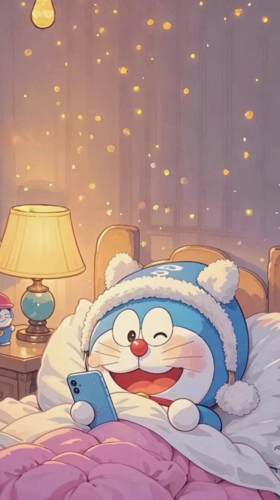 Doraemon cuộn tròn ngủ trên giường