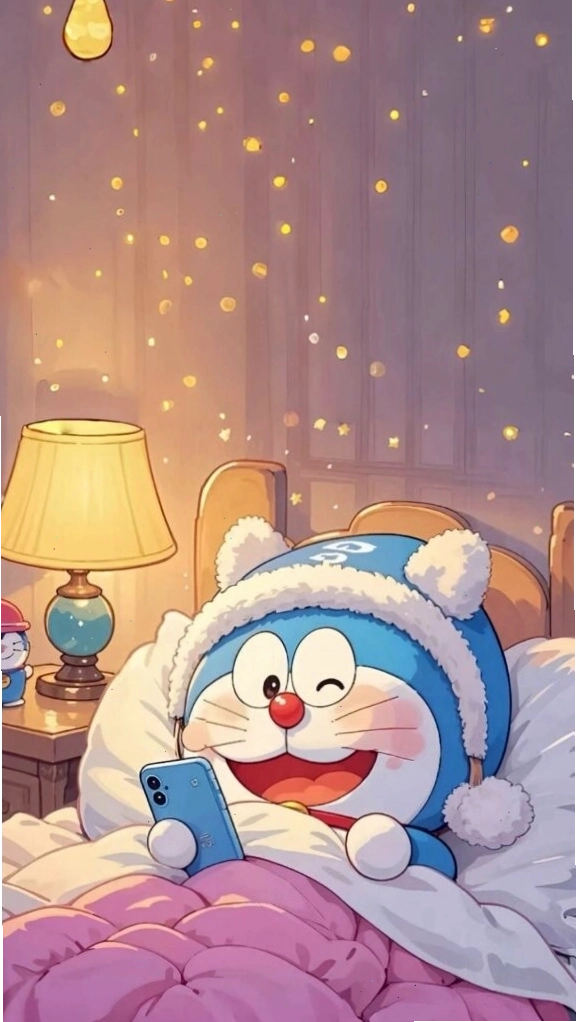 Doraemon cuộn tròn trên giường mơ màng