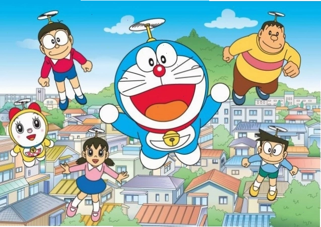 Doraemon đang sử dụng một bảo bối để giúp đỡ Nobita vượt qua khó khăn.