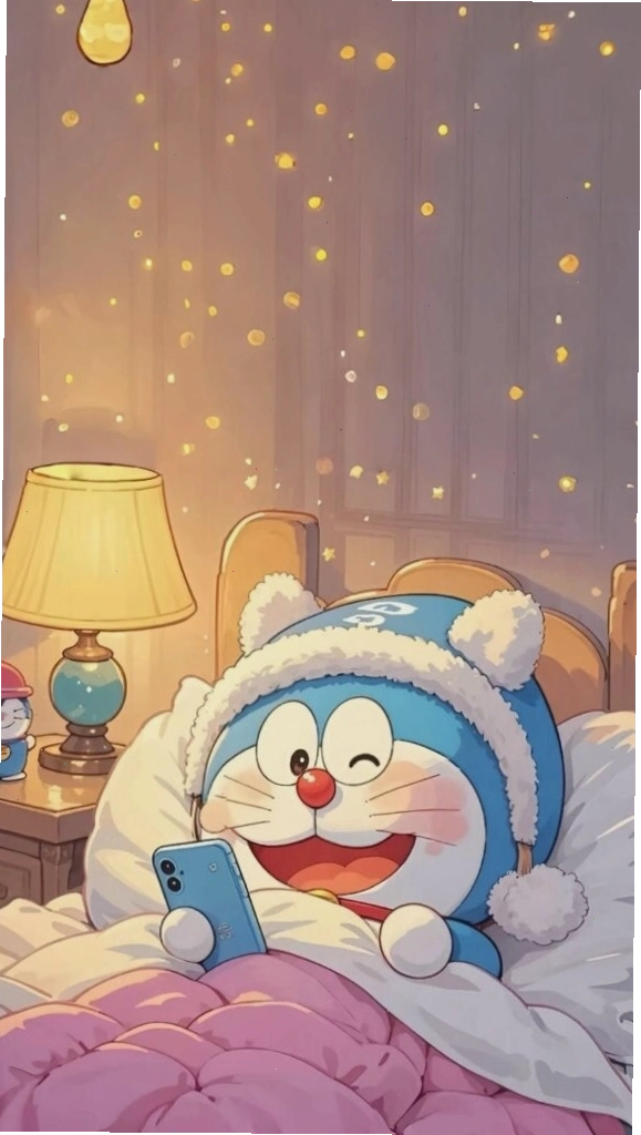 Doraemon đáng yêu đang ngủ gật trên giường