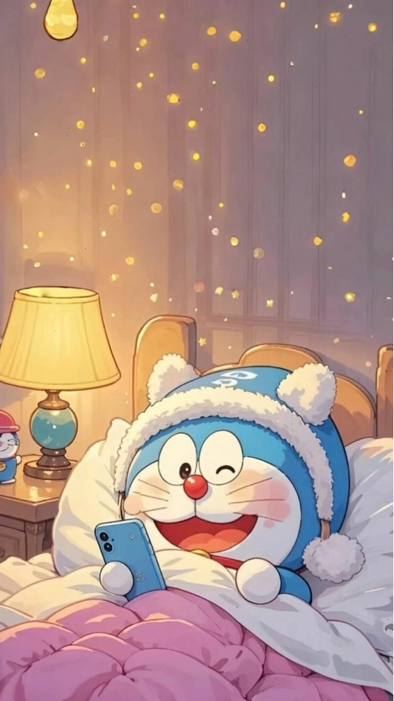 Doraemon ngủ gật trên giường