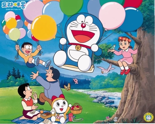 Doraemon và bạn bè đang vui vẻ tham gia một trò chơi.