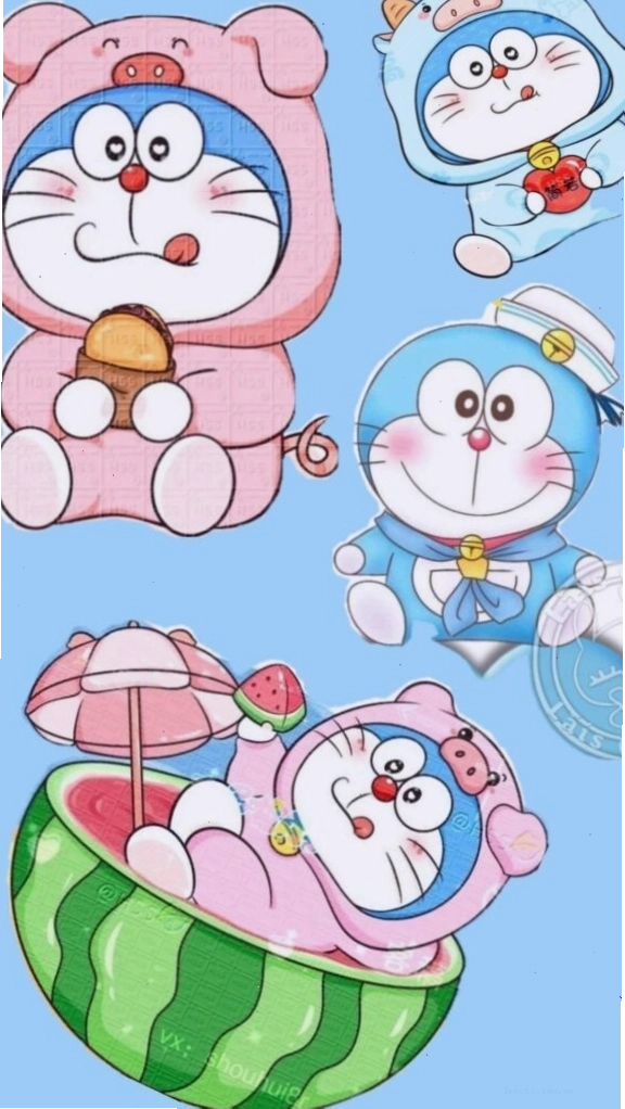 Doraemon và nhóm bạn chibi tắm dưa hấu