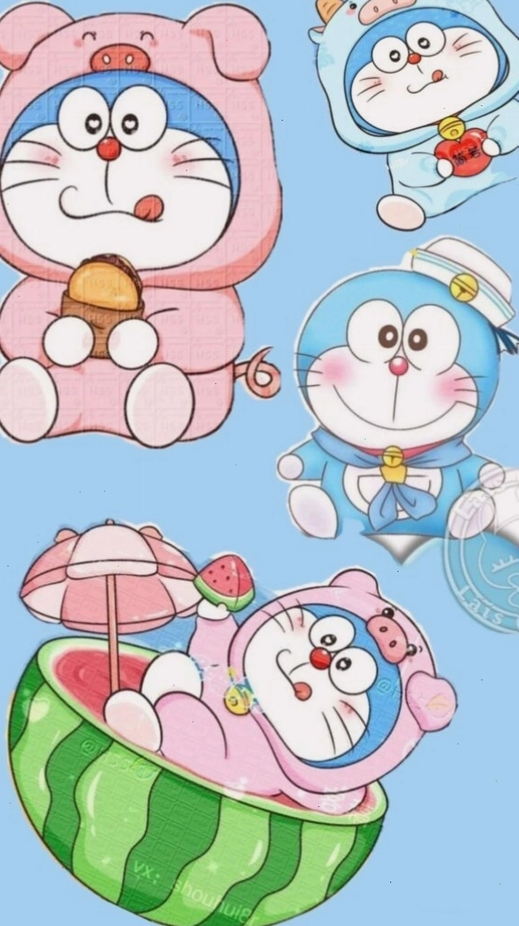 Doraemon và nhóm bạn chibi tắm mát trong dưa hấu
