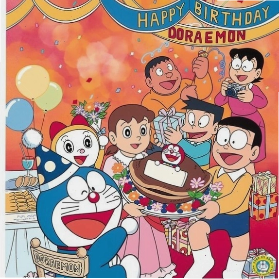 Doraemon với nụ cười tươi tắn bên cạnh Nobita.