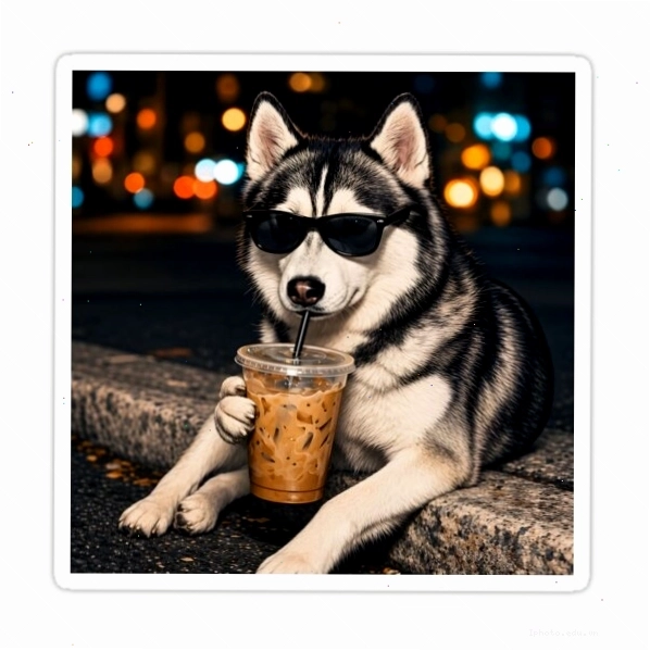 Hình ảnh Husky vui vẻ uống cà phê lạnh