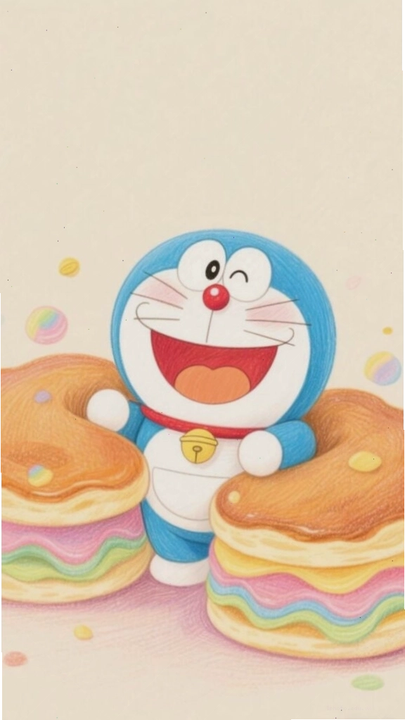 Hình nền Doraemon thích thú bên đĩa bánh rán Dorayaki