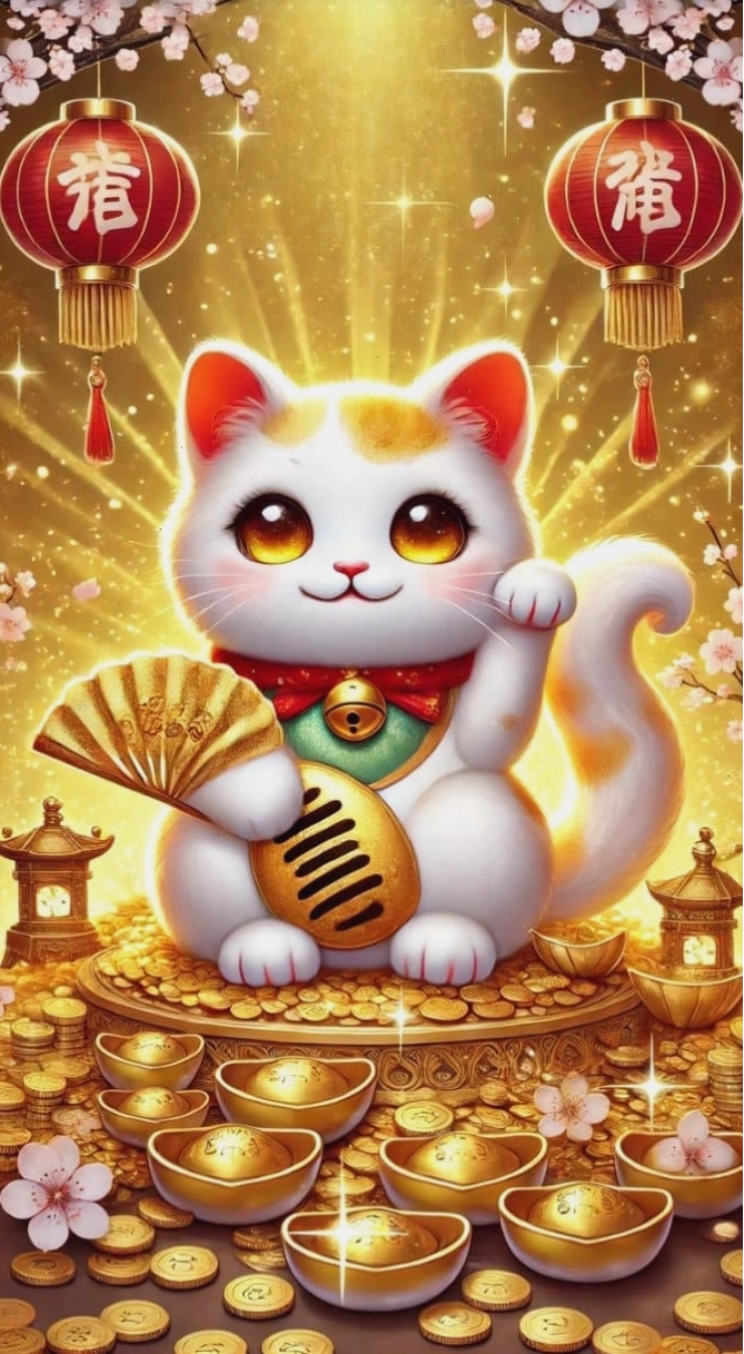 Hình nền mèo thần tài cầm quạt may mắn