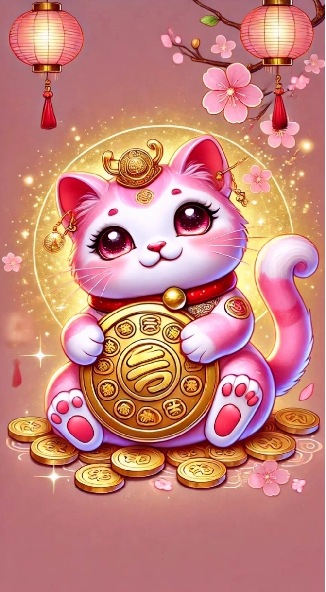 Hình nền mèo thần tài màu hồng dễ thương