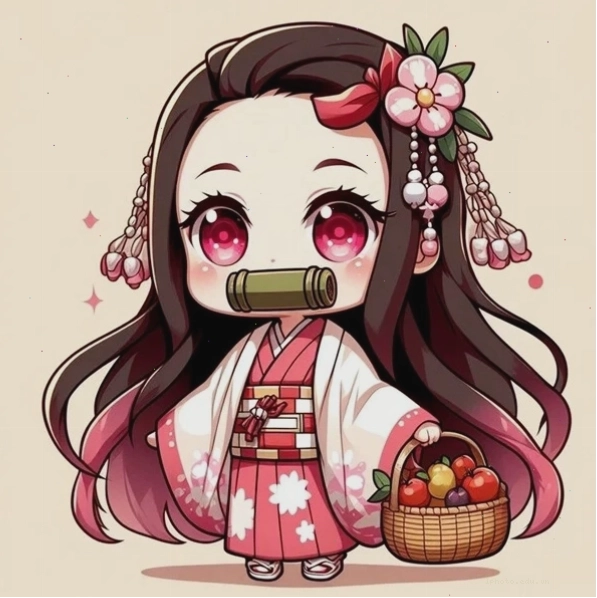 Hình Nezuko chibi cute trong trang phục truyền thống