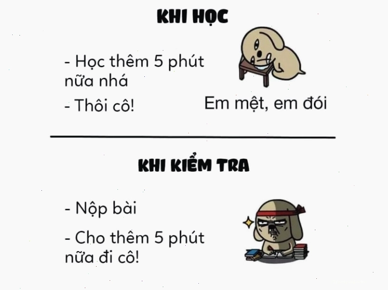 Meme 5 phút khi học và khi kiểm tra thể hiện sự khác biệt