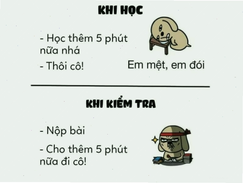 Meme so sánh 5 phút khi học và khi kiểm tra