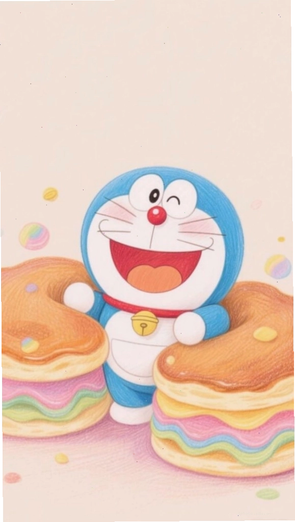 Mèo ú Doraemon thích thú bên đĩa bánh ngọt