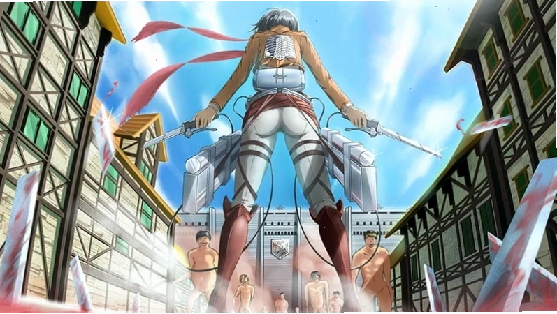 Mikasa Ackerman đang thực hiện pha tấn công chớp nhoáng vào Titan