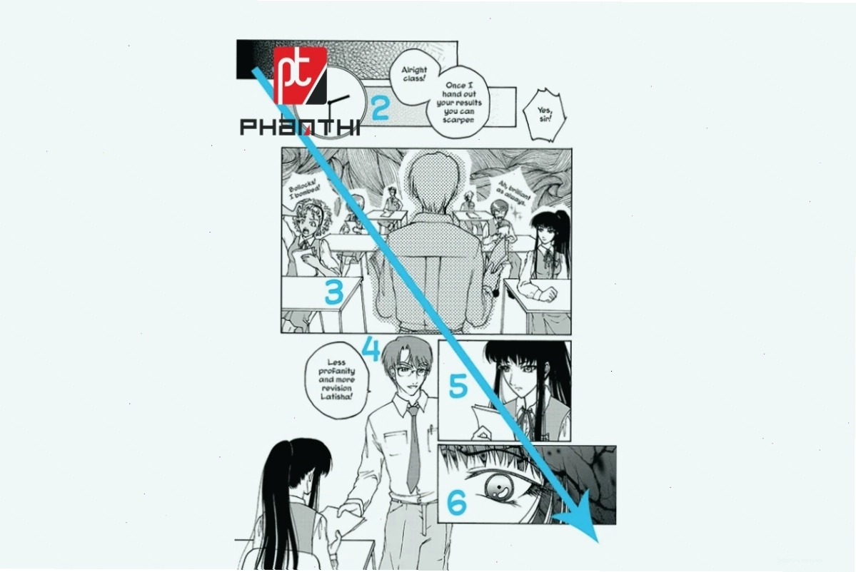 Minh họa truyện tranh manga với màu sắc tươi sáng và lời thoại
