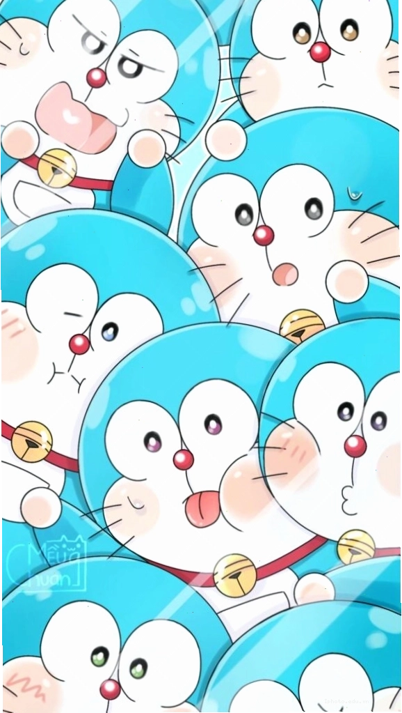 Nhiều chú Doraemon cùng nhau vui đùa tạo nên hình nền máy tính năng động
