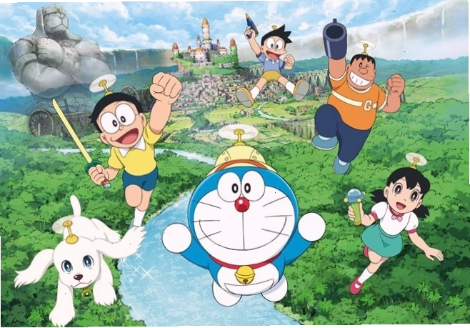 Nobita và Doraemon cùng nhau khám phá một địa điểm mới bằng chong chóng tre.