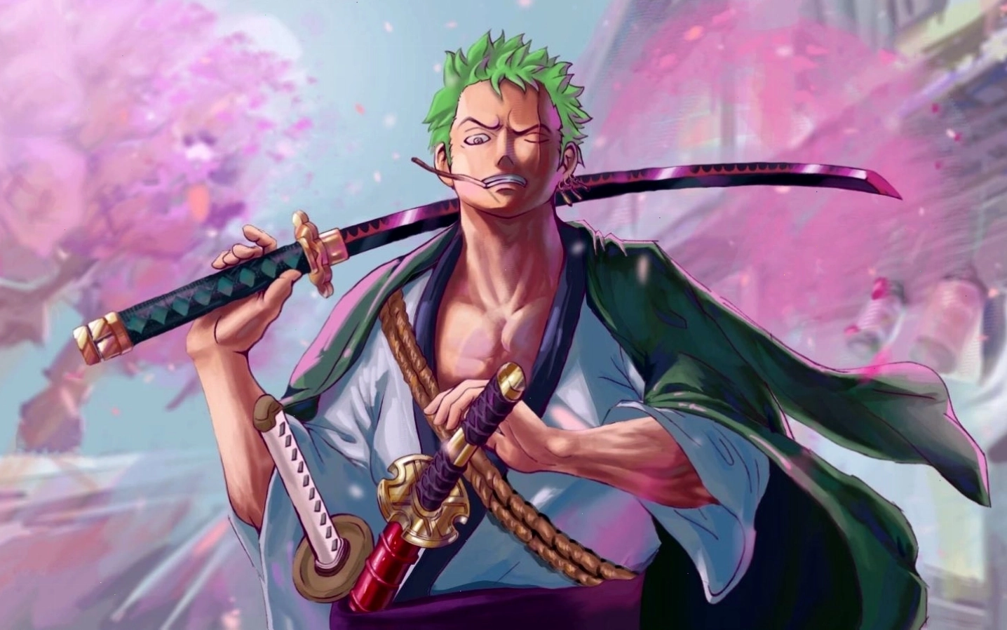 Roronoa Zoro đang trong thế tấn công mạnh mẽ với ba thanh kiếm