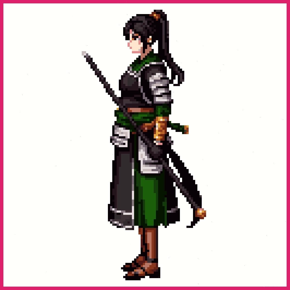 Detailed pixel art of a female samurai era anime warrior in green and black armor