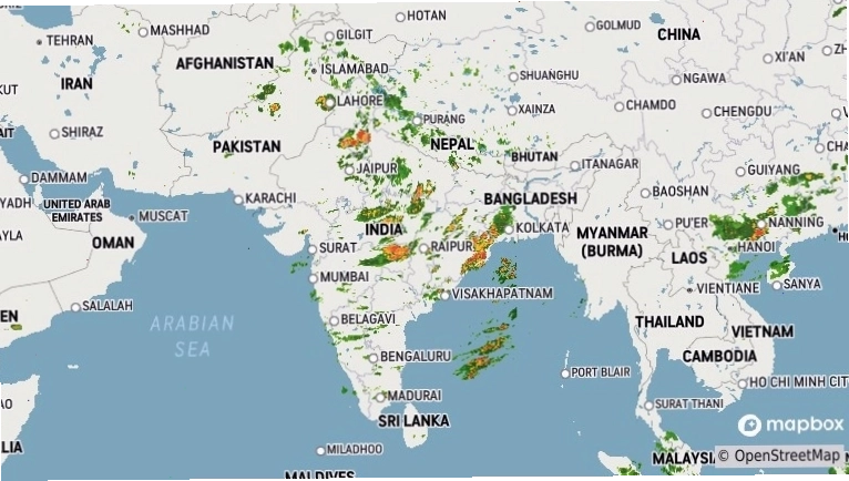 India weather radar displaying current atmospheric conditions