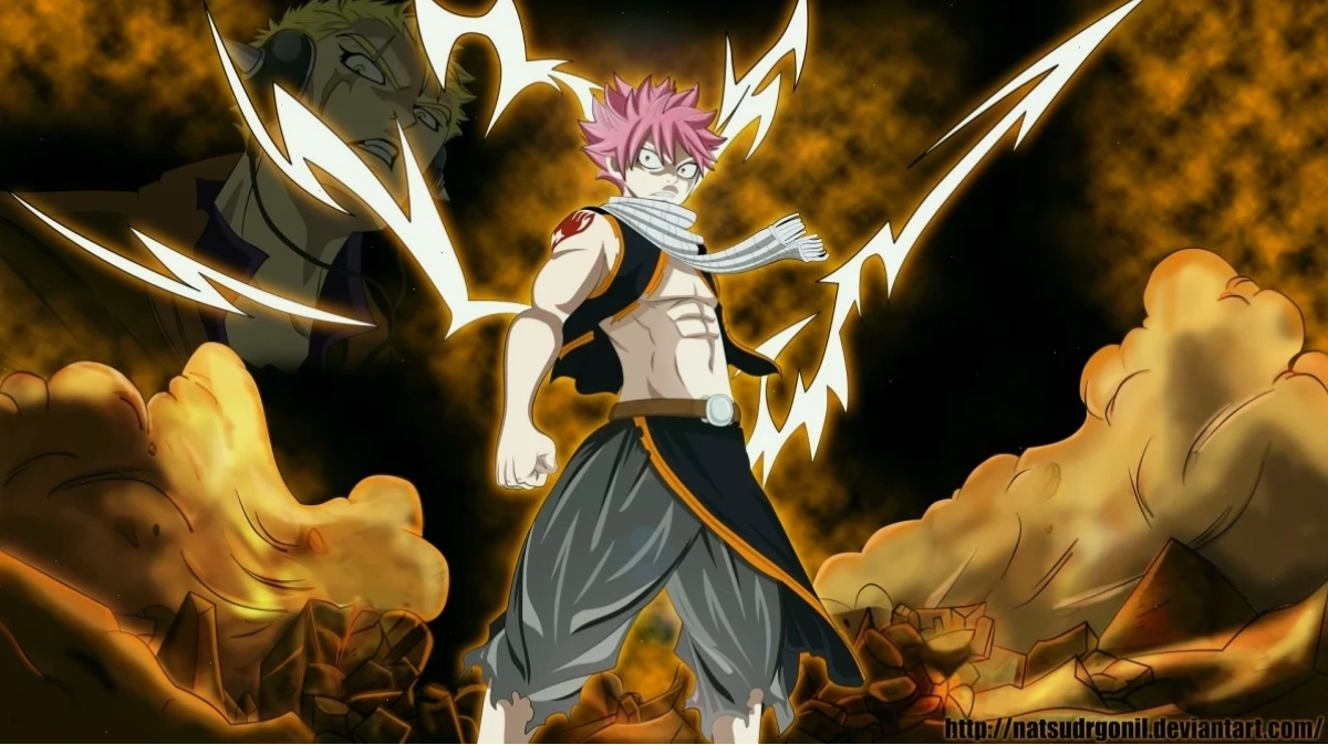 Natsu Dragneel với nụ cười rạng rỡ và ngọn lửa bùng cháy